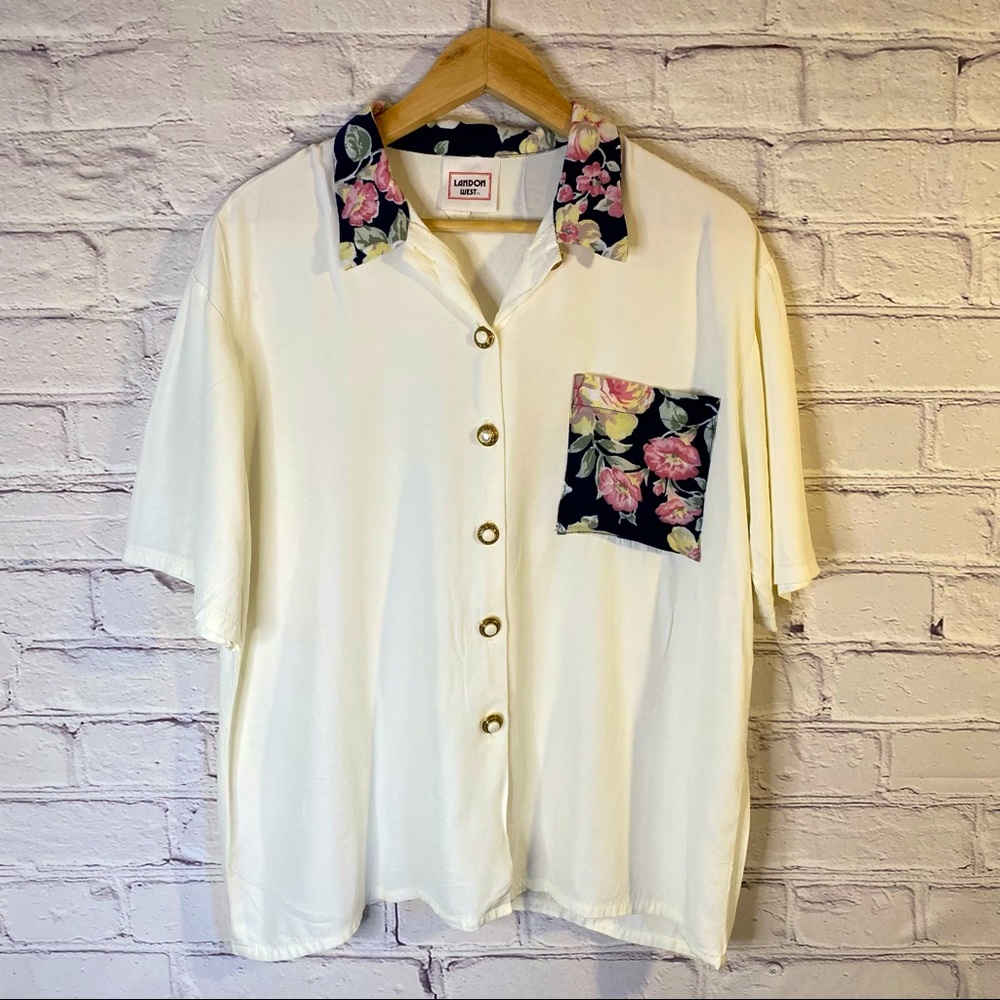 Vintage Landon West Creamy Off White Button Up w Floral Trim Women’s Shirt Large